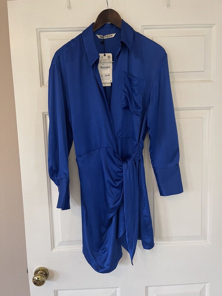 zara blue satin dress Zara Satin Effect Wrap Blue Mini Dress Size S NWT