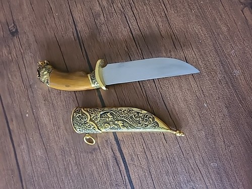 Wood/Brass Handle/Brass Sheath Knife 11” Fixed Blade With Wolves on Sheath - Picture 3 of 3