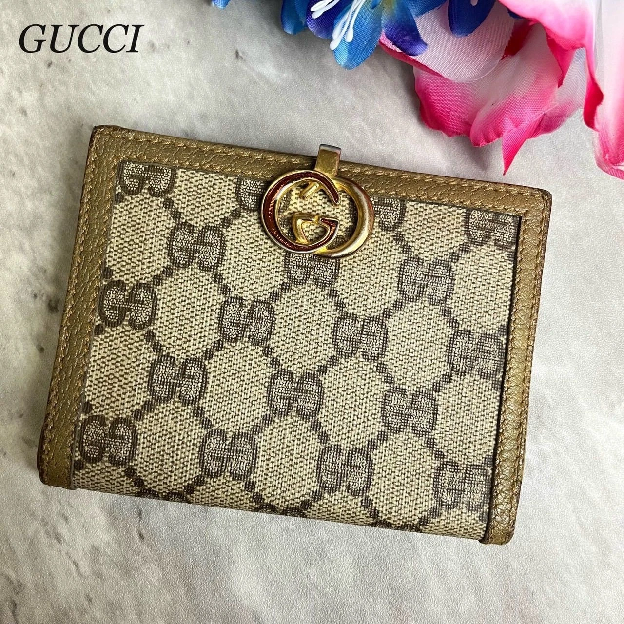 ANCIEN PORTEFEUILLE GUCCI bi pli à emboîtement GG Supreme PVC cuir beige occasion bon