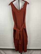 Zara Rust Sienna Orange Ribbed Tie Front Knit V Neck Sweater Dress Size S