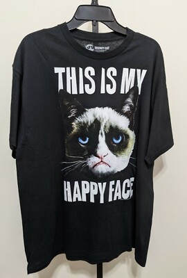 Grumpy Cat Happy Face Black T shirt Size XL Cotton NEW 