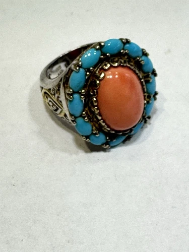 VTG Michael Valitutti Sterling NH Silver Sleeping turquoise Coral Vermeil  Sz 6