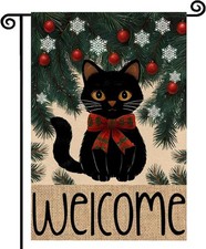 Christmas Garden Flag 12x18 Inch Double Sided Outside Welcome Black Cat Winter