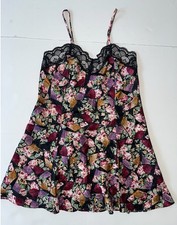 LA Intimates Satin Slip Dress S Black Floral Lace Y2K Mini Coquette Romantic