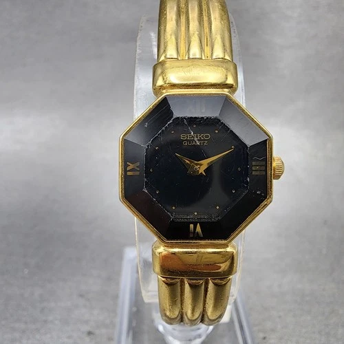 Seiko Watch Women 19mm Black Dial Gold Tone Hexagon 1n00-5e30 New Battery