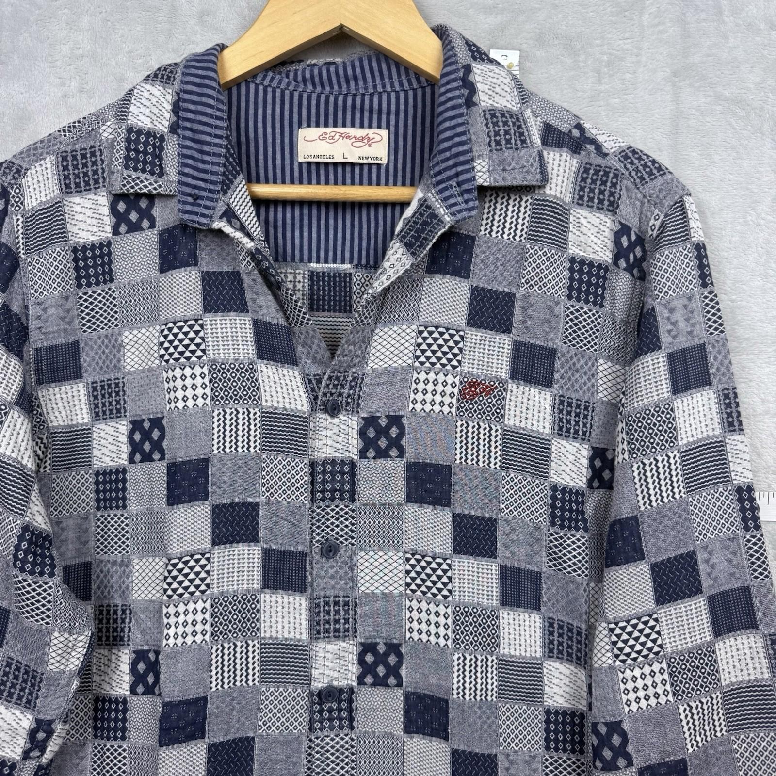 Ed Hardy Patchwork Button-Up Shirt Size L Navy Wh… - image 4