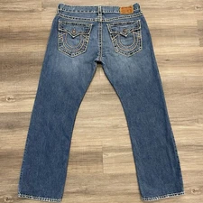 True Religion Ricky Super T Jeans Distressed Medium Wash Straight Fit Mens 39x32