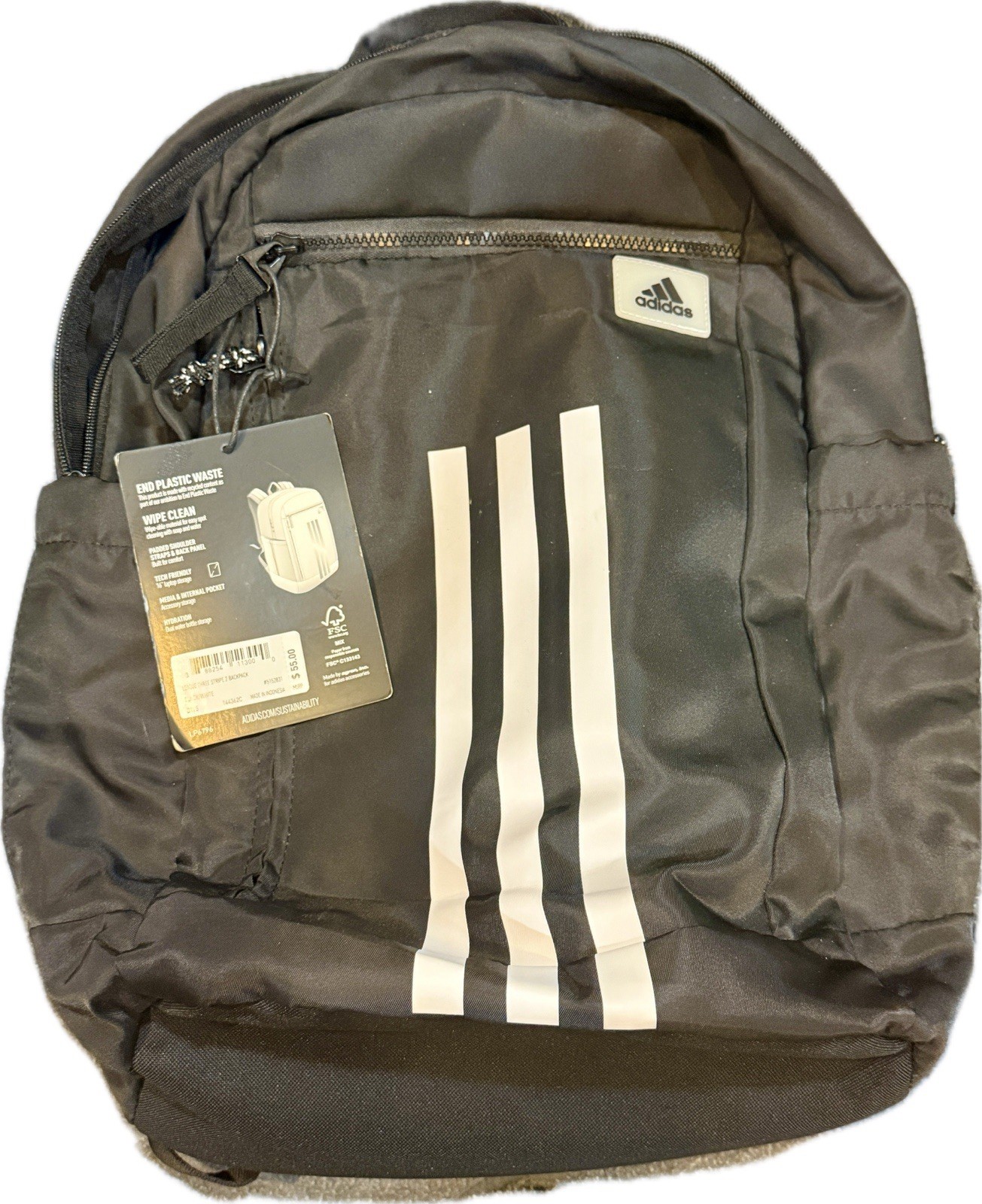 Adidas League 3-Stripe Backpack Black White Laptop School Gym NEW w/ Tags