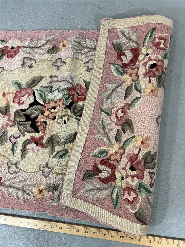 antique rug carpet scatter hooked cotton pink green floral 24x48 original 1940 