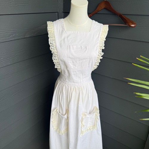 Handmade White Linen Cottagecore Prairie Apron Dress Lace Open Back One Size