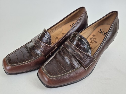 Sofft Brown Leather Loafers Croc Embossed Womens Size 8N