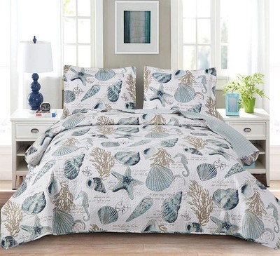 Summer Beach Bedspreads Set Seashell Conch Coverlet Sets King Size,3Pcs Light...