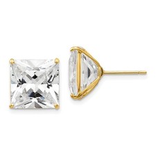 Real 14K Yellow Gold 11mm Princess Square CZ Post Earrings; Women  Men