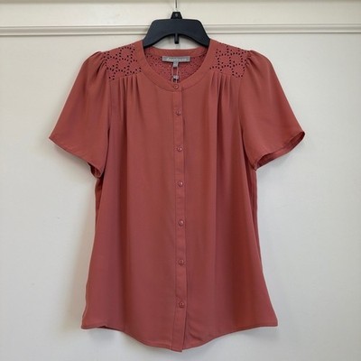 Daniel Rainn Dusty Rose Eyelet Yoke Button Front Flutter Sleeve Blouse S NWT