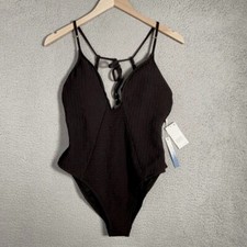 Lucky Brand swimsuit Womens Small Black One piece Plunge Tie back bathing Suit