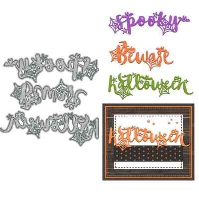 Halloween Spooky Beware Words Spiderwebs Bats Pumpkins Metal Cutting Dies Craft