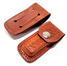 Embossed Brown Leather Belt Sheath Fits 3.25" Closed Folding Pocket Knife