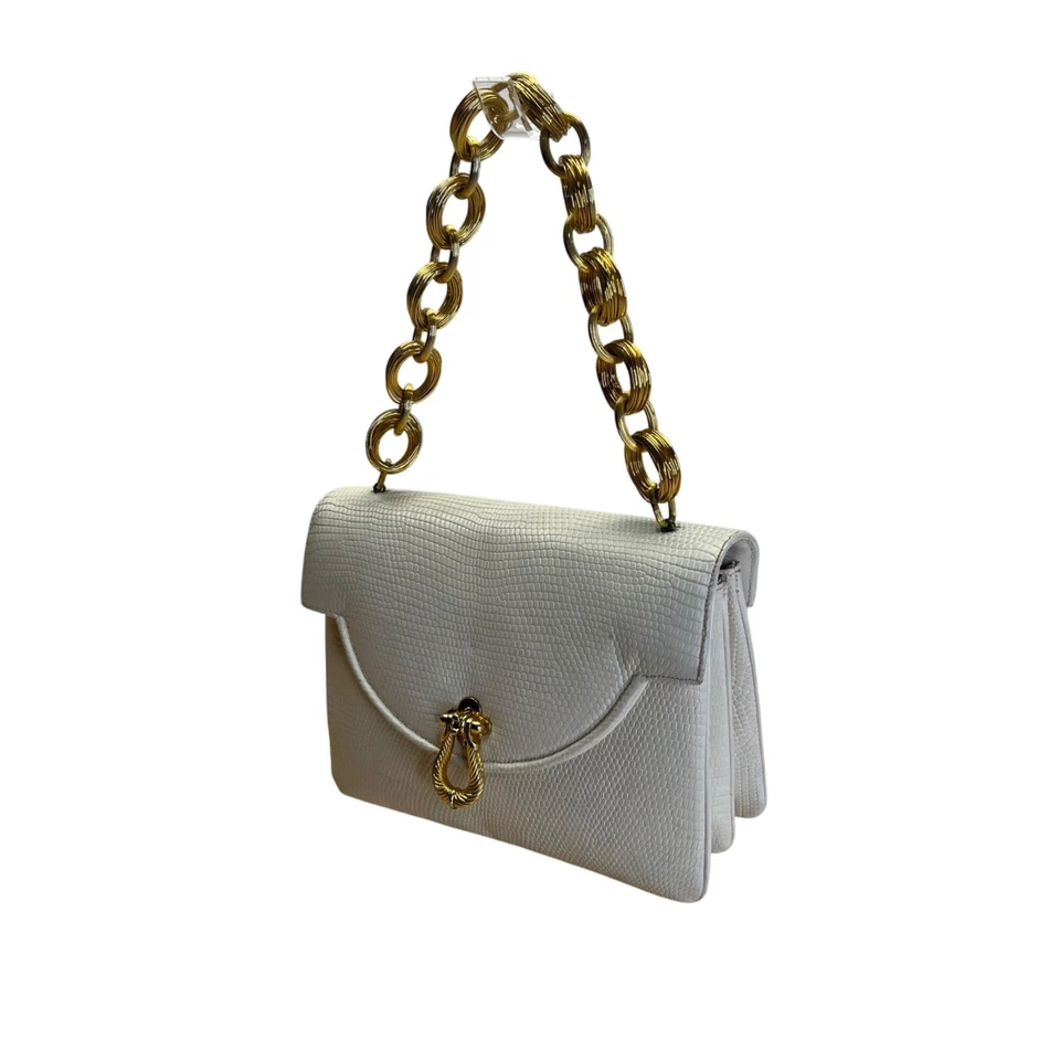 Vintage Finesse White Faux Lizard Leather Handbag Gold Chain Strap & Twist Clasp - Image 2 of 4