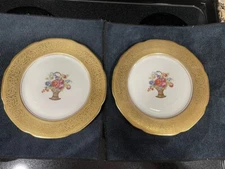 Vintage Syracuse China O.P.CO. Flower Basket 12K Gold Set/2 Scallop Edge Dinner