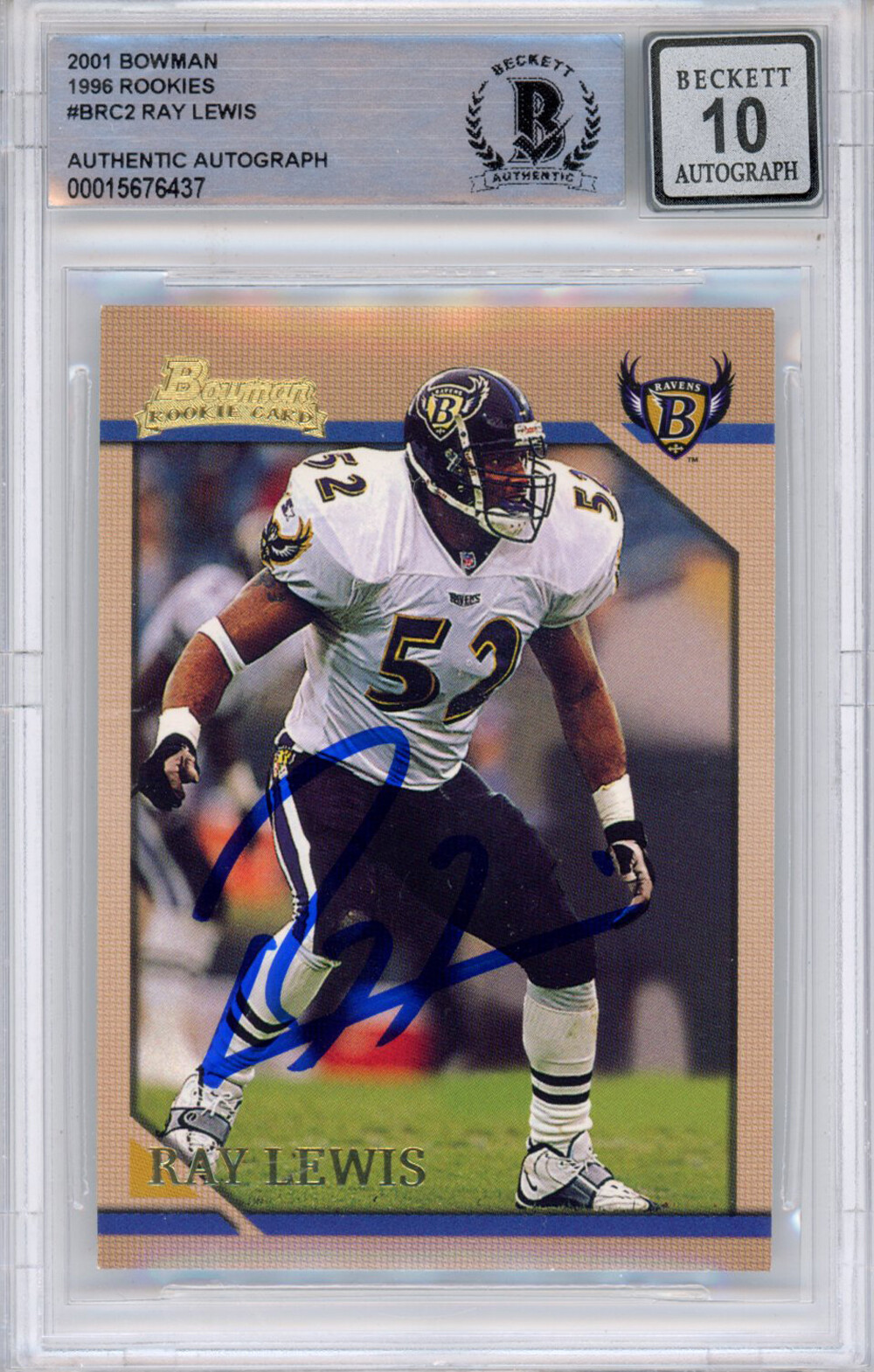 Ray Lewis Autographed Signed 2001 Bowman #Brc2 (Grade 10) Slabbed Beckett 