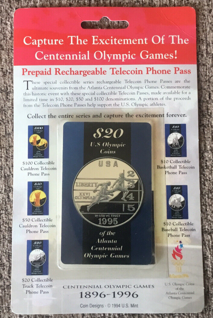 1996 $20 U.S. Olympic TRACK Coins Prepaid Rechargeable Telecoin Phone Pass