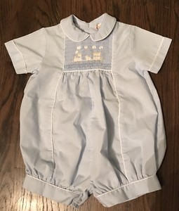 Boys-Smocked-Bubble-Blue-Train-Longall-Jonjon-Shortall-Romper-EUC-9m