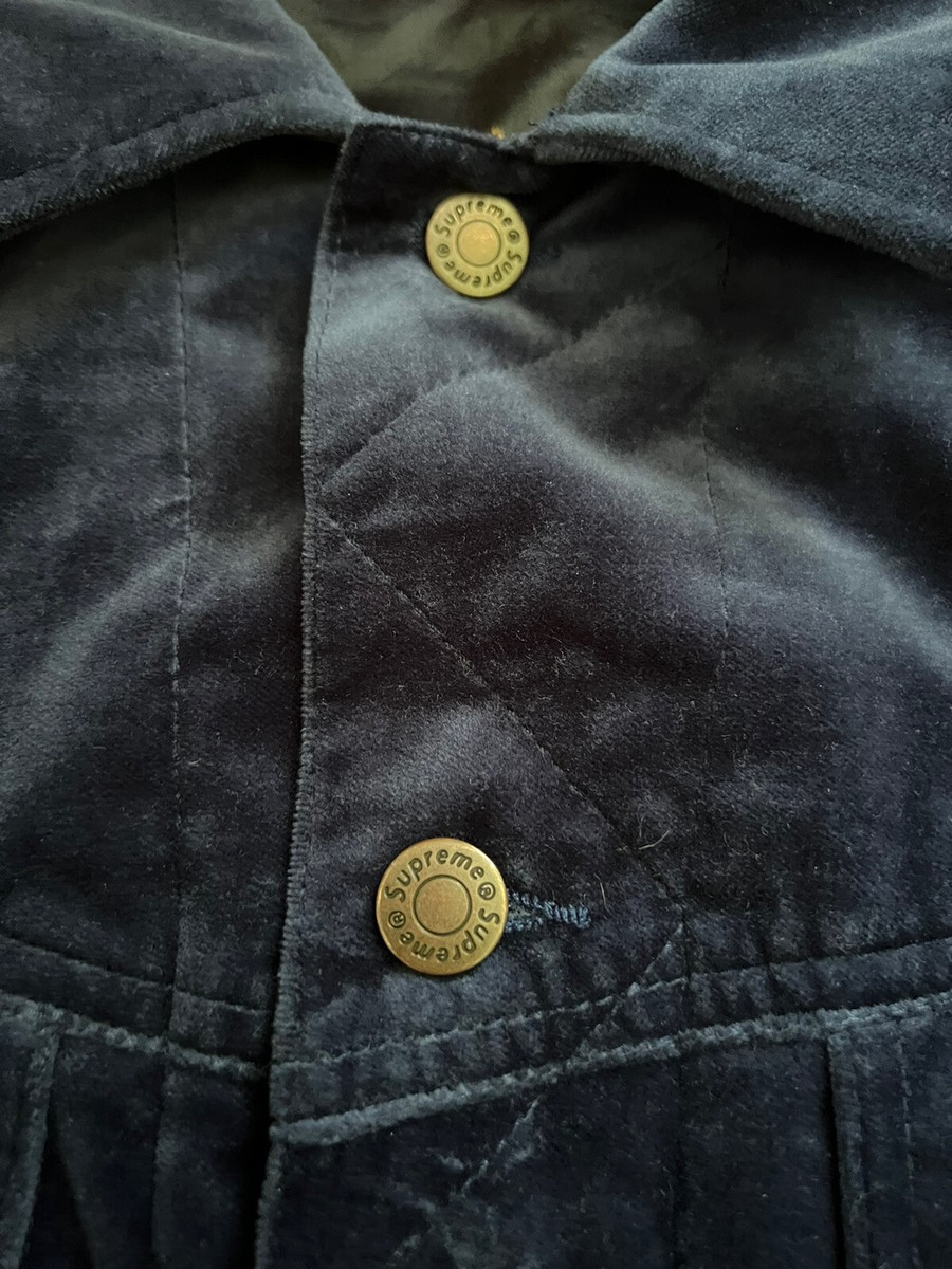 Supreme Velvet Trucker Jacket NAVY Sacred Hearts (FW17