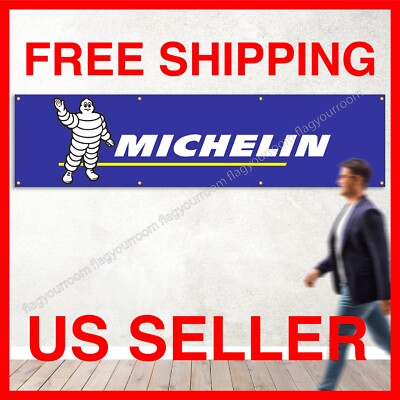 MICHELIN Man Logo Flag Banner – 2x8 Ft, Mancave Garage Decor, Polyester, Motorcycle Racing Theme, Indoor/Outdoor