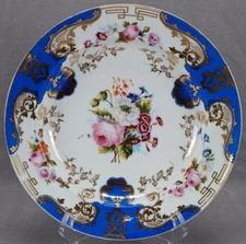 19th Century Old Paris Hand Painted Pink Rose Floral Blue & Gold Deep Plate