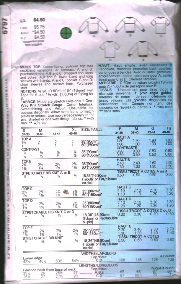 6797 Vintage Butterick SEWING Pattern Mens 1980s Loose Fitting Pullover Top XL - Image 2 of 2