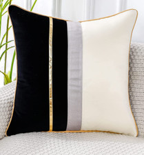 16 X 16 BLACK WHITE VELVET Gold Foil PATCHWORK STRIPE PILLOW COVER F41