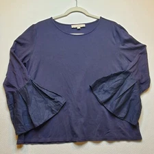 LOFT Womens Top Shirt Large Blue Long Bell Sleeve Knit Body Woven Cuff