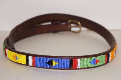 Vintage ARTISAN CRAFTED Brown Leather & Color Beaded Southwestern Belt 34''