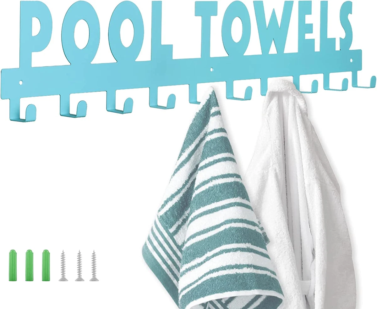 Large Pool Towel Rack with 10 Hooks, Towel Holder Wall Mounted