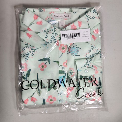 Coldwater Creek Mint Moth/Beetle/Floral LS Buttonfront Shirt-Size 14 (NWT) - Picture 1 of 7