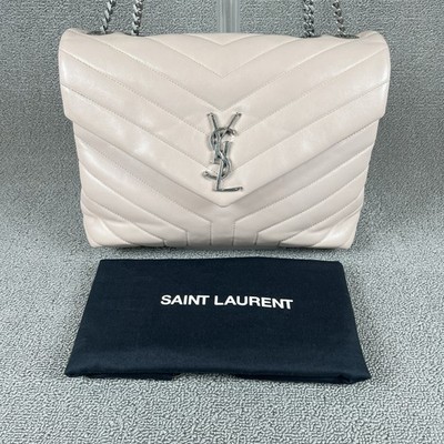 SAINT LAURENT PARIS Loulou Shoulder Bag Sz Medium Leather Beige Silver Hardwear