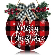 Merry Christmas Wreath Red Buffalo Plaid Xmas Welcome Door Hanger Sign for Fr...
