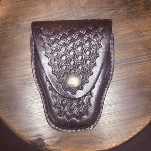 Sun Leather Handcuff Case Tooled Basketweave Leather w/ Chrome Snap