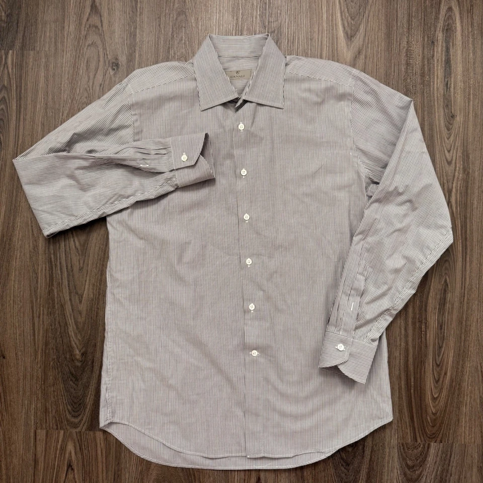 Camisa de vestir Canali para hombre a rayas finas Italia 41 16 algodón con botones de lujo Foto 2 de 4