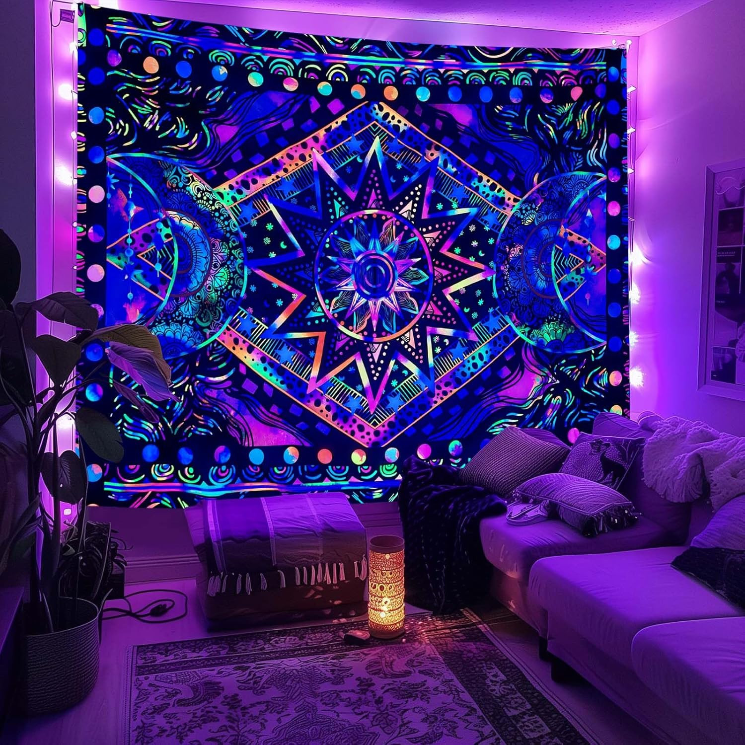 Blacklight Sun and Moon Tapestry Glow in The Dark Neon Hippie Bohemian Tapestrie