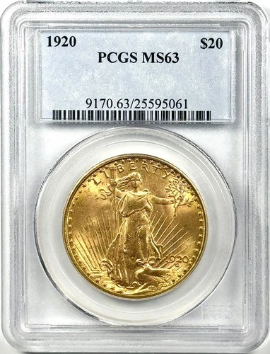 1920 $20 SAINT GAUDENS GOLD DOUBLE EAGLE PCGS MS63
