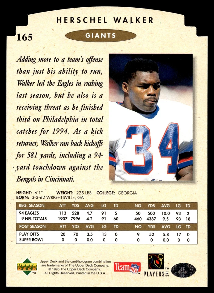 1995 SP Championship Herschel Walker #165 Die Cuts New York Giants - Image 2 of 2