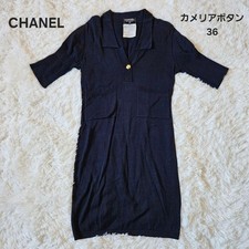 USED [CHANEL BOUTIQUE] BEAUTIFUL KNIT DRESS WITH CAMELLIA BUTTONS, SIZE 36 GOO