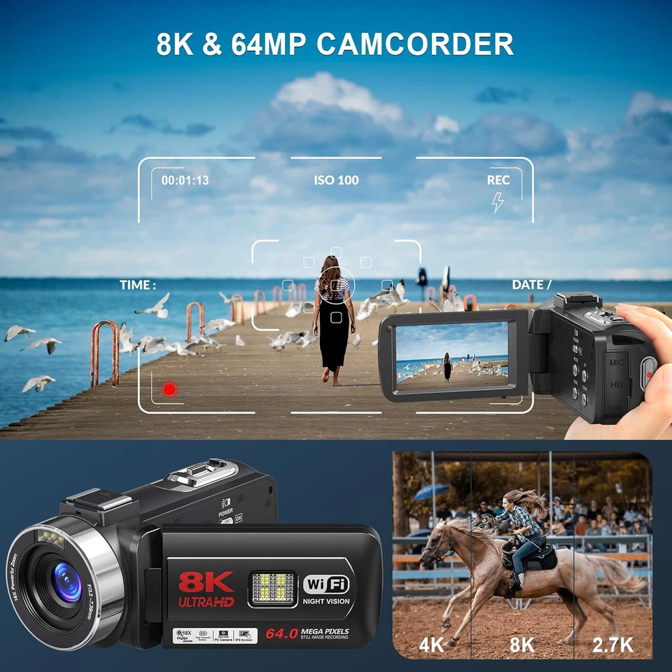 Delmodes Camcorder 3.0inch 8K 64MP 18X Digital Zoom WIFI Video Camera remote - Image 2 of 4