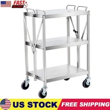 3-Tier Folding Utility Service Cart Stainless Steel Wheel Lockable Garage Office