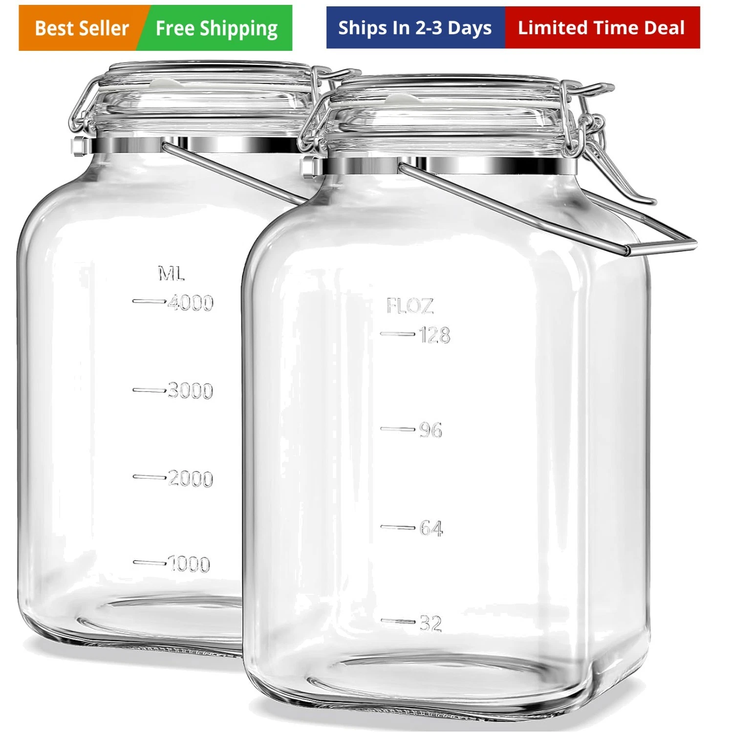 2 Pack 1.5 Gallon Glass Jar with Airtight Lid, 192 oz Square Wide Mouth Mason...