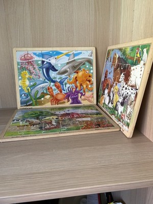 3 x Melissa und Doug Holzpuzzle 24 Teile Tiere, Bauernhof, Sealife 