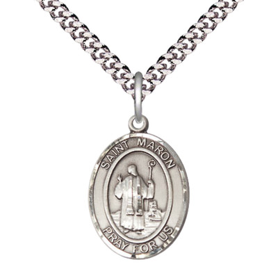 Medium Pewter Saint St. Maron Medal Pendant 24'' Endless Chain Necklace& Gift Box