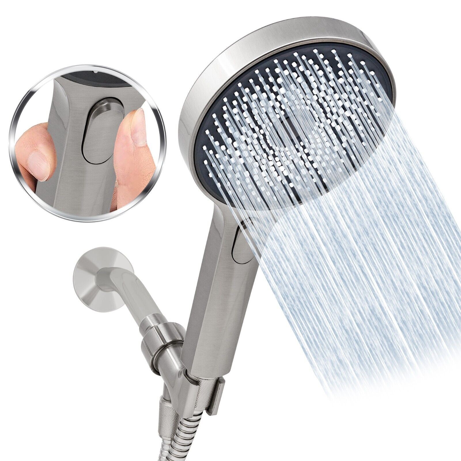 Handheld 5" Round Shower Head with 3 Spray Easy Clicker + 5' SS Hose