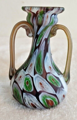 Fratelli Toso Millfiori Murrine Murano Double Handle Glass Vase 3.5'' Tall